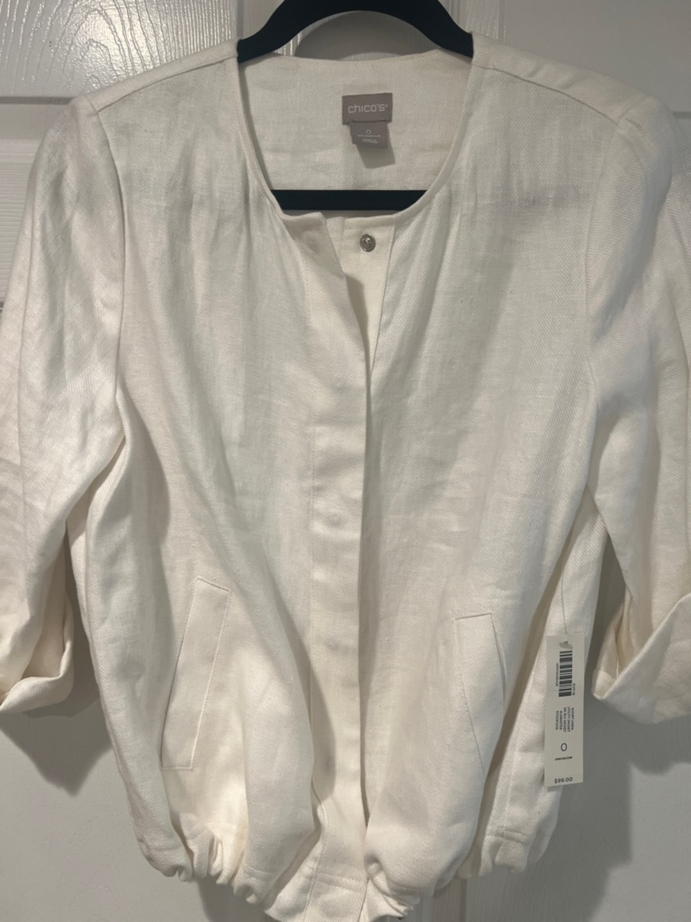 Chico's Linen White Collarless Snap Front Jacket NWT SIZE S